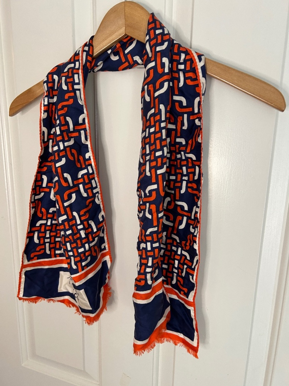 Vintage Mademoiselle Ricci Paris navy blue and orange geometric print scarf feat